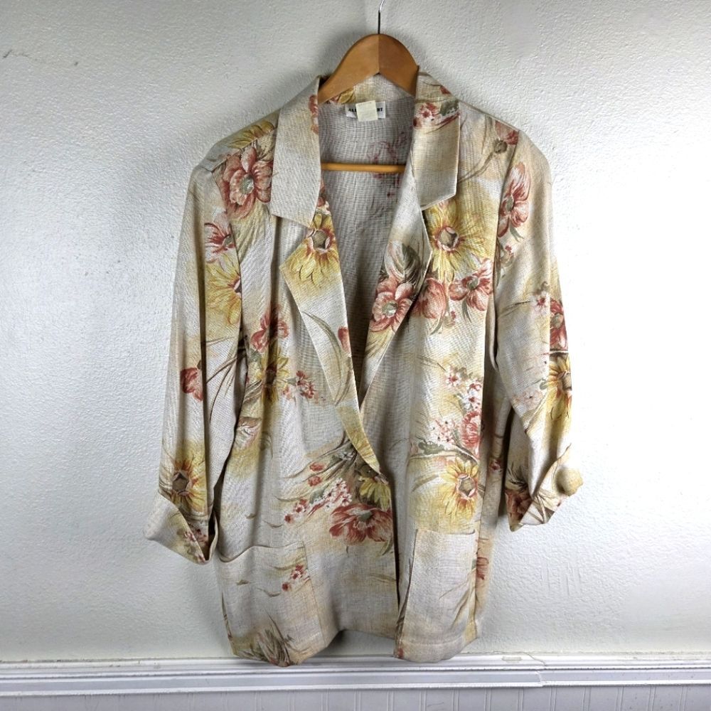 Women's Vintage AlicE Stuart Flax Blend Sunflower Floral One Button Blazer Sz MD